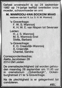 Overlijdensbericht M. Wanrooij-van Bockom Maas (1992)